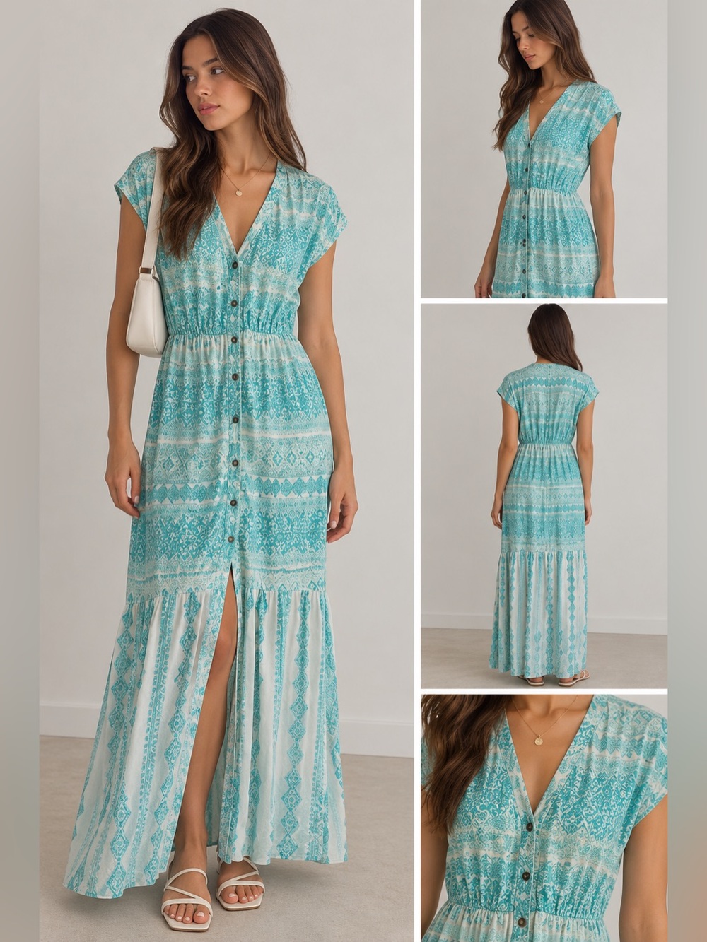 Cabana Life Dress Womens Sz L Maxi button up paisley V Neck Tiered UPF Cover up